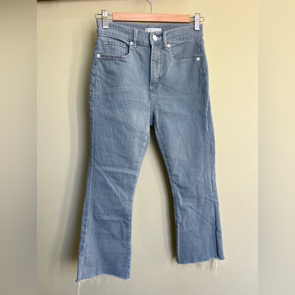 LOFT The Kick Crop Blue Pinstripe Flare Jeans